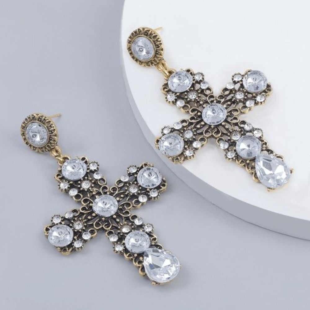 GOLD WHITE CRYSTAL CROSS DANGLE EARRINGS